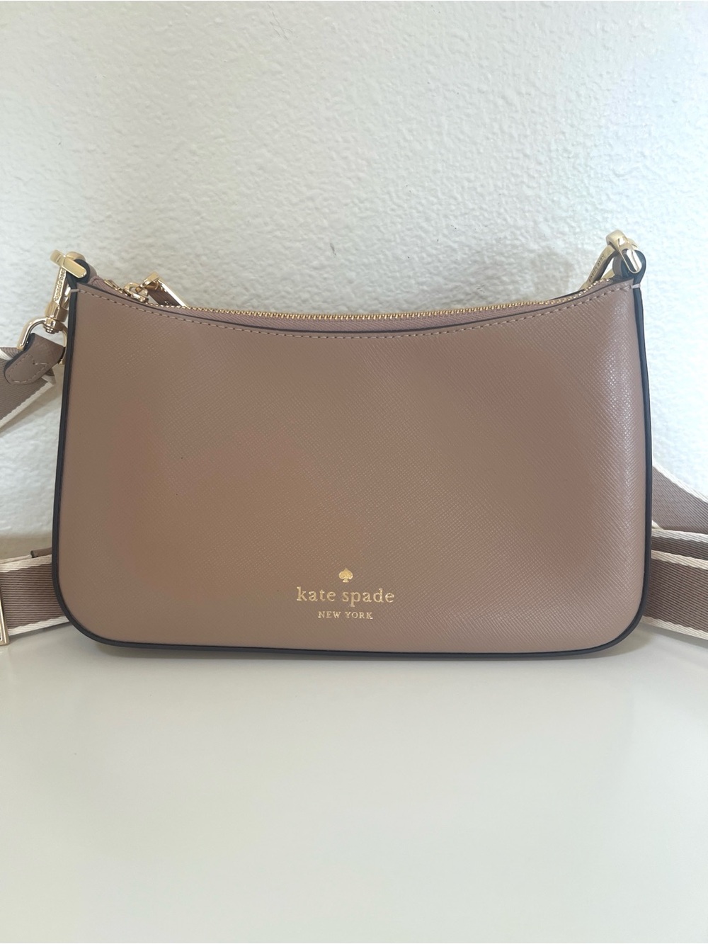Kate Spade Taupe Pebbled Leather Crossbody with Striped Strap - Picture 2 of 7